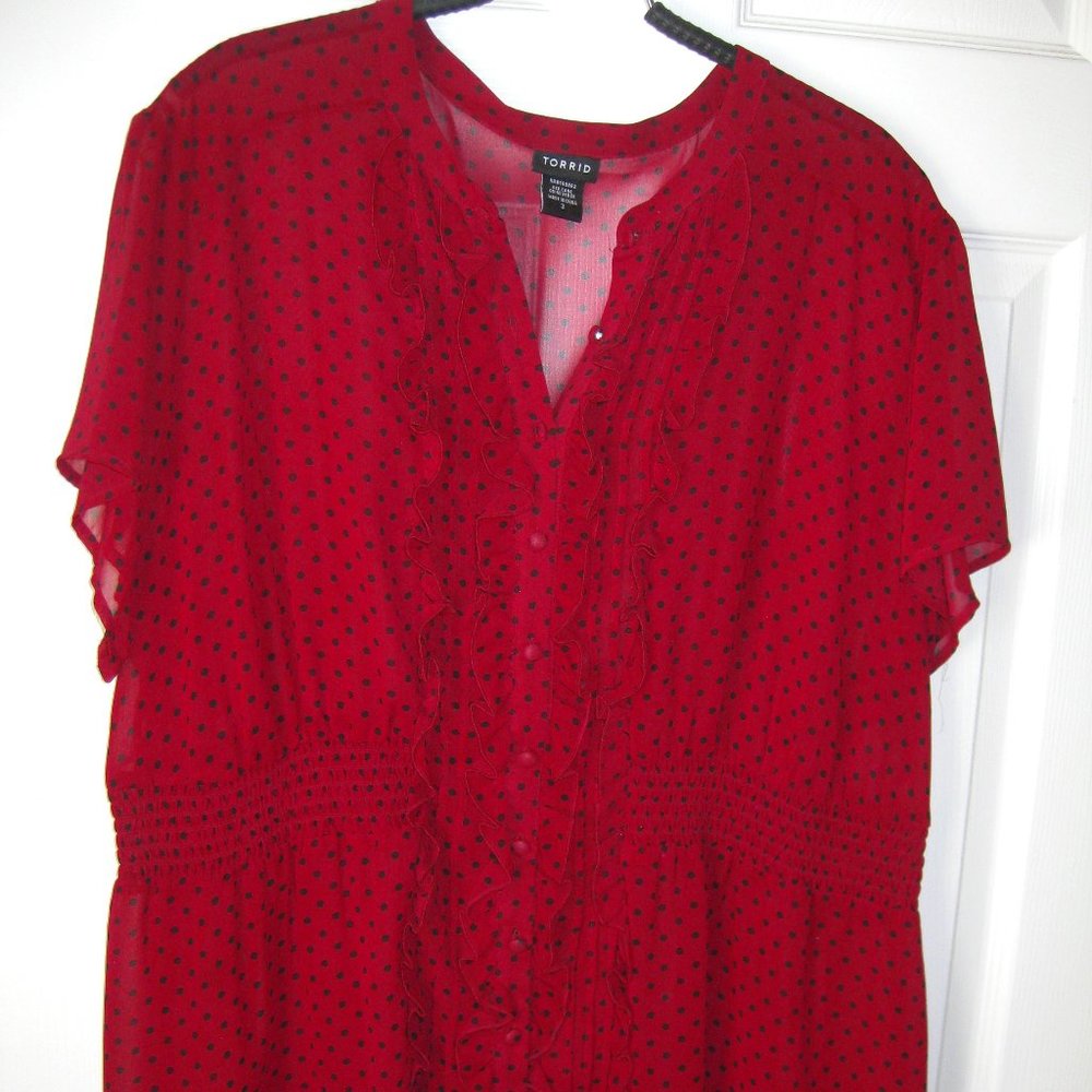 Sheer, short sleeve blouse with ruffled front and ruching at waist